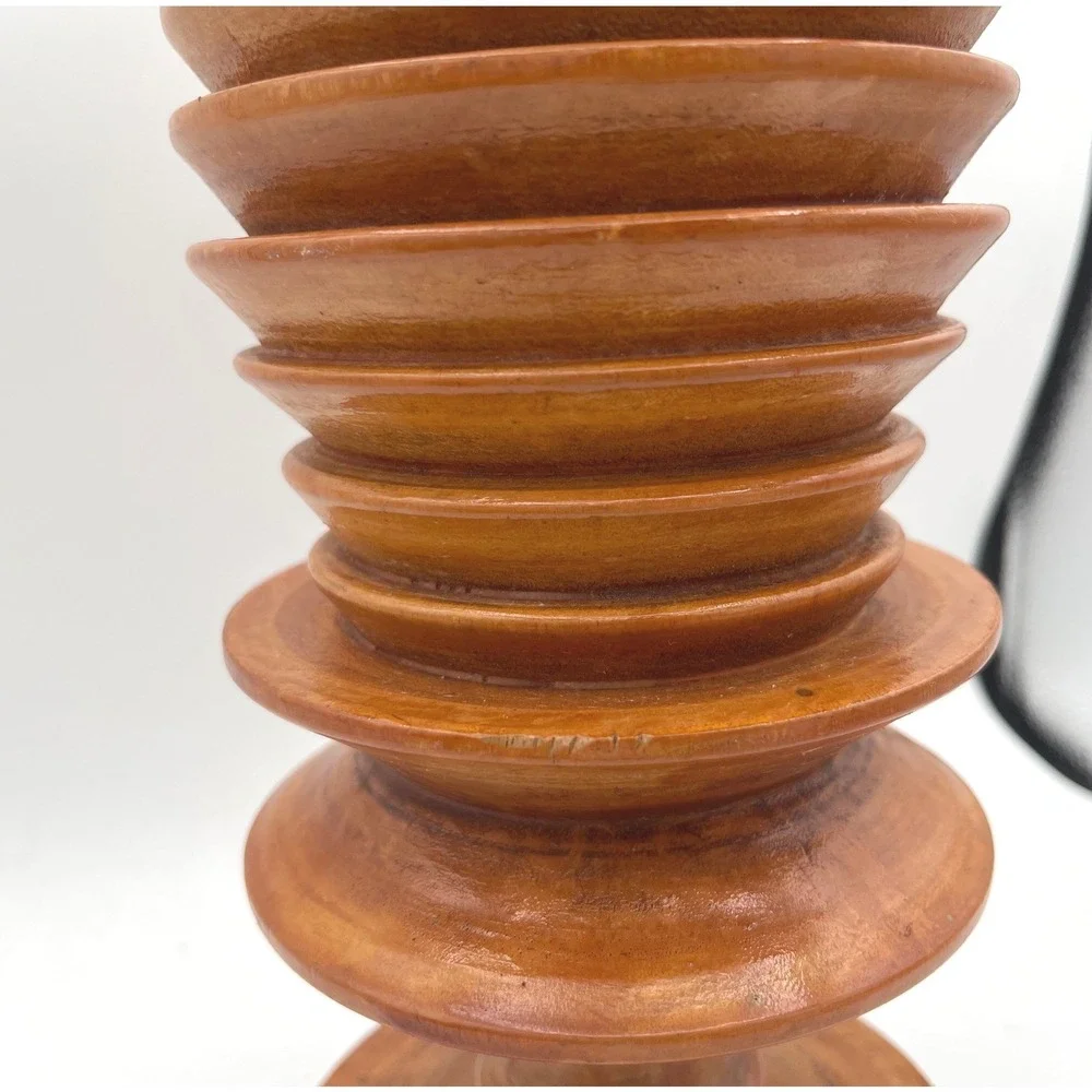 Vintage Hand Turned Tiered Ribbed‎ Wood Vase MCM Pedestal Organic